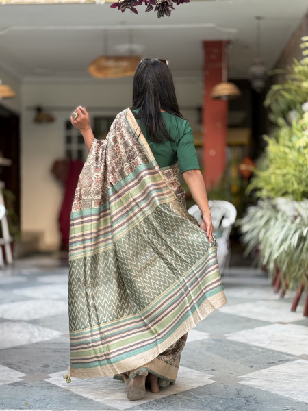 BEIGE-MINT GREEN PRINTED TUSSAR SILK SARI