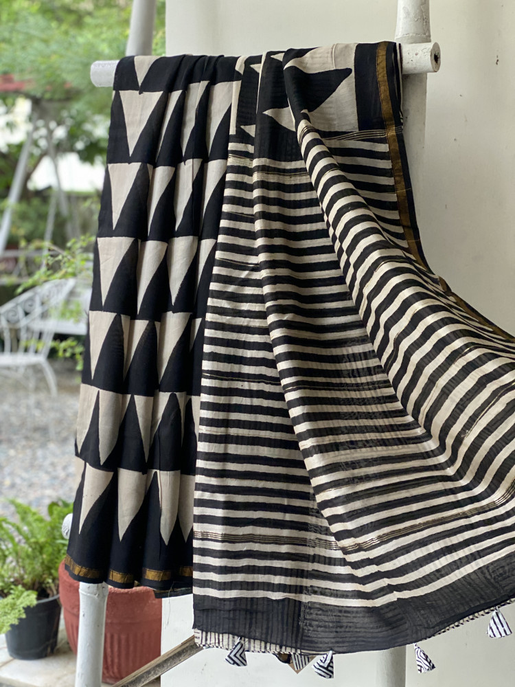 Image of BLACK-OFF WHITE HAND BLOCK PRINT CHANDERI SILK COTTON SARI