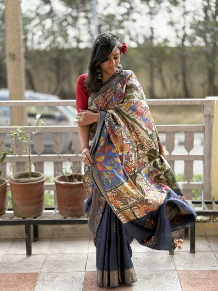 INDIGO PRINTED KANTHA EMBROIDERED TUSSAR SILK SARI