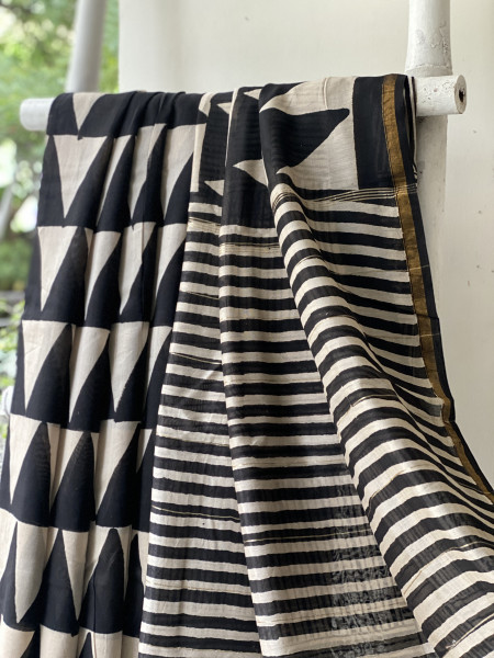BLACK-OFF WHITE HAND BLOCK PRINT CHANDERI SILK COTTON SARI