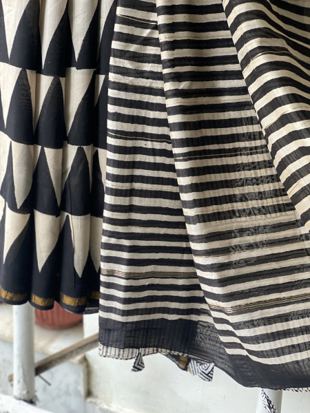 BLACK-OFF WHITE HAND BLOCK PRINT CHANDERI SILK COTTON SARI