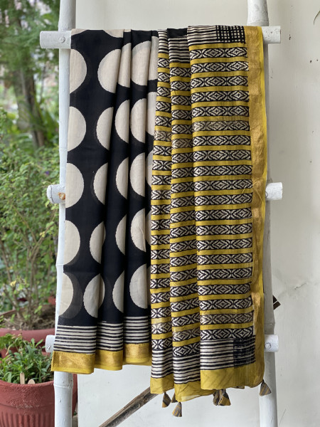 BLACK-OFF WHITE HAND BLOCK PRINT CHANDERI SILK COTTON SARI