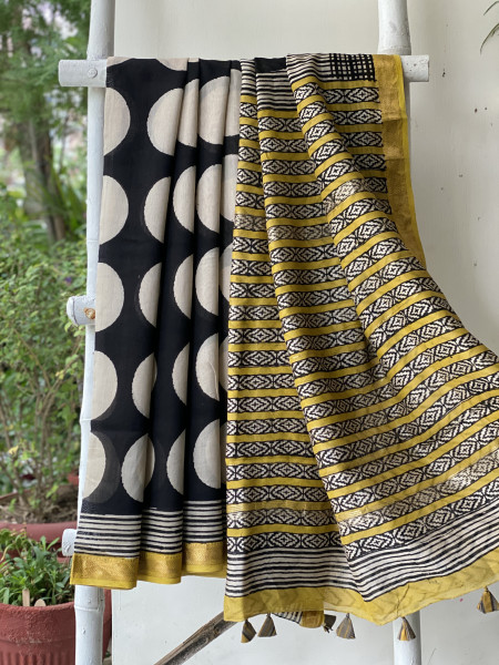 BLACK-OFF WHITE HAND BLOCK PRINT CHANDERI SILK COTTON SARI