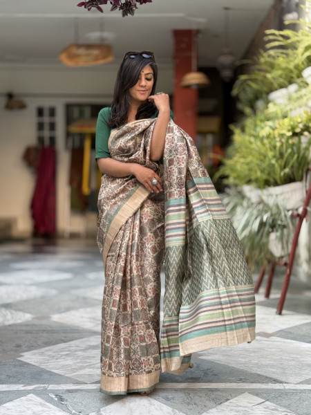 BEIGE-MINT GREEN PRINTED TUSSAR SILK SARI
