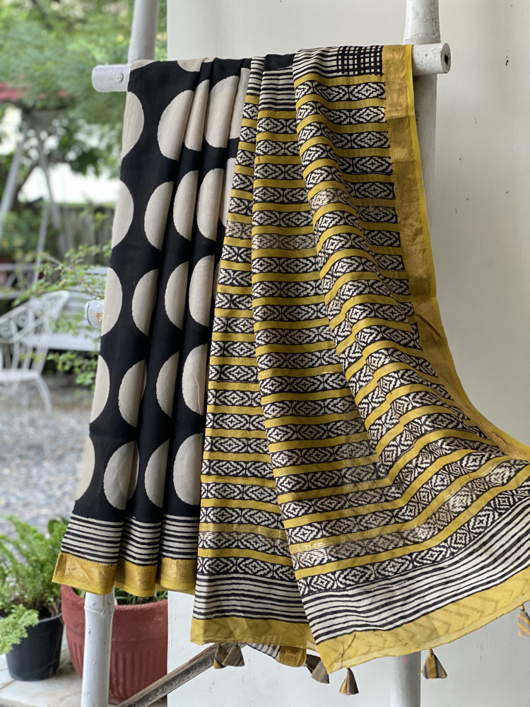 Image of BLACK-OFF WHITE HAND BLOCK PRINT CHANDERI SILK COTTON SARI