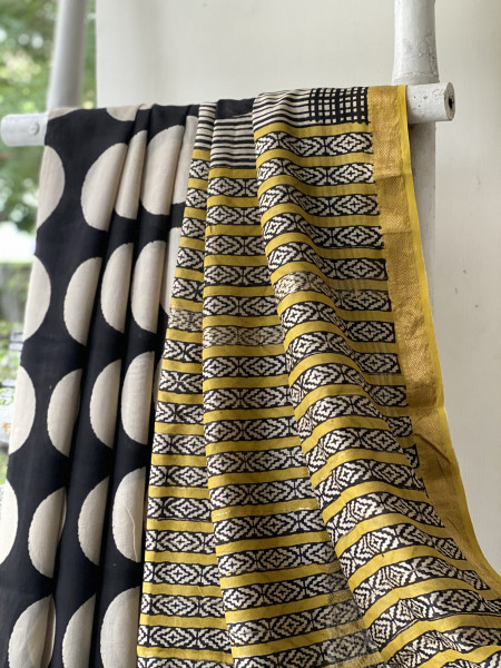 BLACK-OFF WHITE HAND BLOCK PRINT CHANDERI SILK COTTON SARI