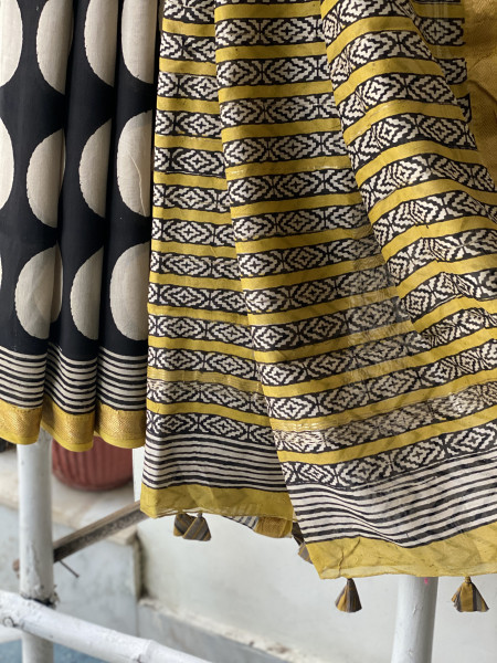 BLACK-OFF WHITE HAND BLOCK PRINT CHANDERI SILK COTTON SARI