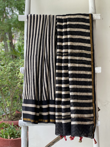 BLACK-OFF WHITE HAND BLOCK PRINT CHANDERI SILK COTTON SARI