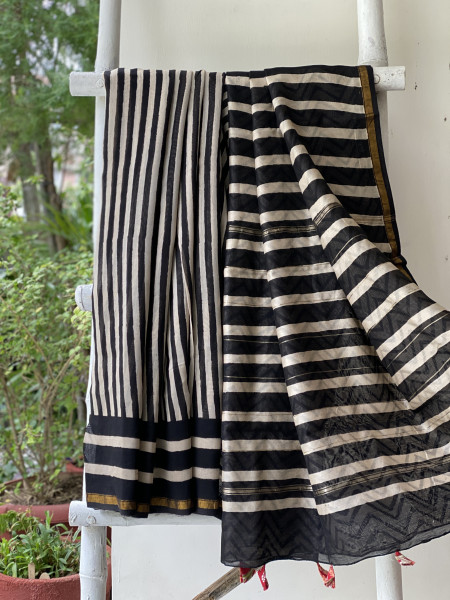 BLACK-OFF WHITE HAND BLOCK PRINT CHANDERI SILK COTTON SARI