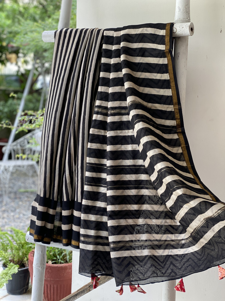 Image of BLACK-OFF WHITE HAND BLOCK PRINT CHANDERI SILK COTTON SARI