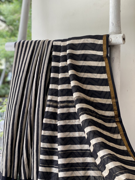 BLACK-OFF WHITE HAND BLOCK PRINT CHANDERI SILK COTTON SARI