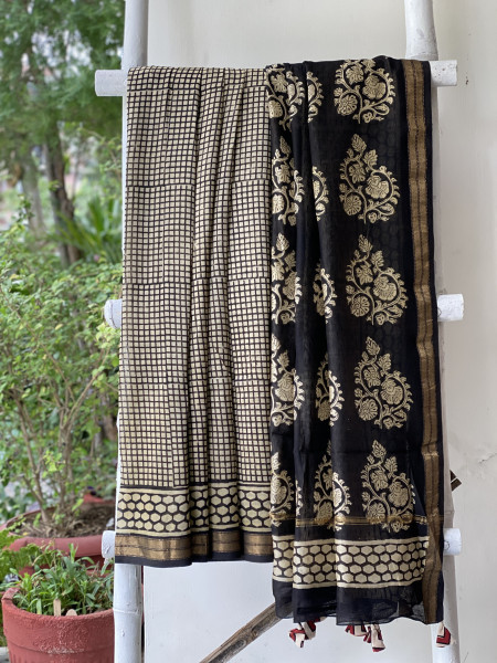 BLACK-OFF WHITE HAND BLOCK PRINT CHANDERI SILK COTTON SARI