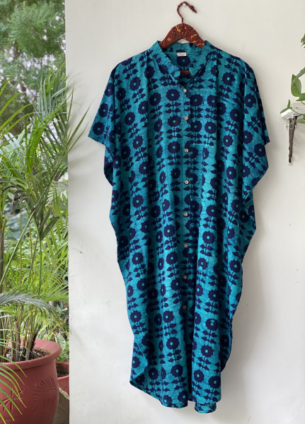 BLUE HAND BLOCK PRINT COTTON KAFTAN