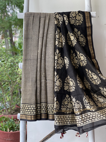 BLACK-OFF WHITE HAND BLOCK PRINT CHANDERI SILK COTTON SARI