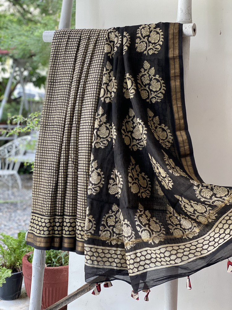 Image of BLACK-OFF WHITE HAND BLOCK PRINT CHANDERI SILK COTTON SARI