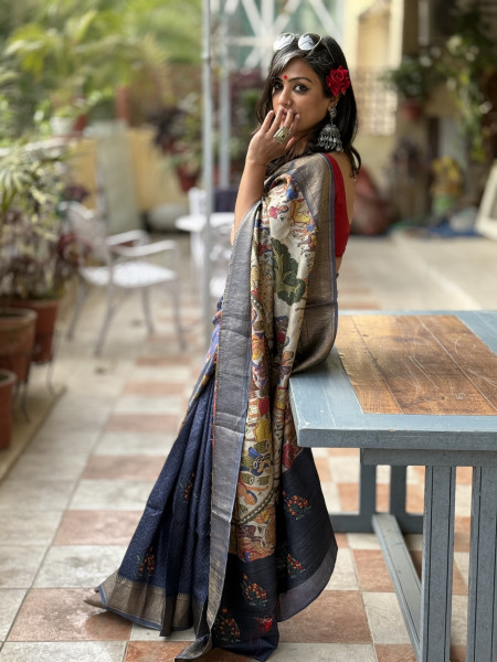 INDIGO PRINTED KANTHA EMBROIDERED TUSSAR SILK SARI