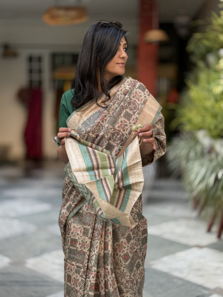 BEIGE-MINT GREEN PRINTED TUSSAR SILK SARI