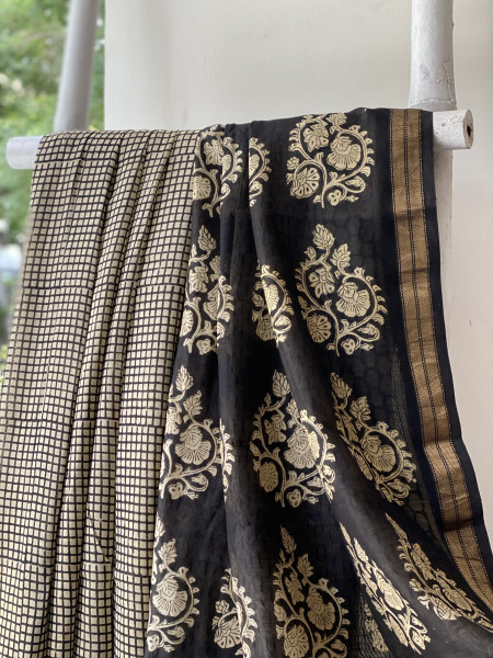 BLACK-OFF WHITE HAND BLOCK PRINT CHANDERI SILK COTTON SARI