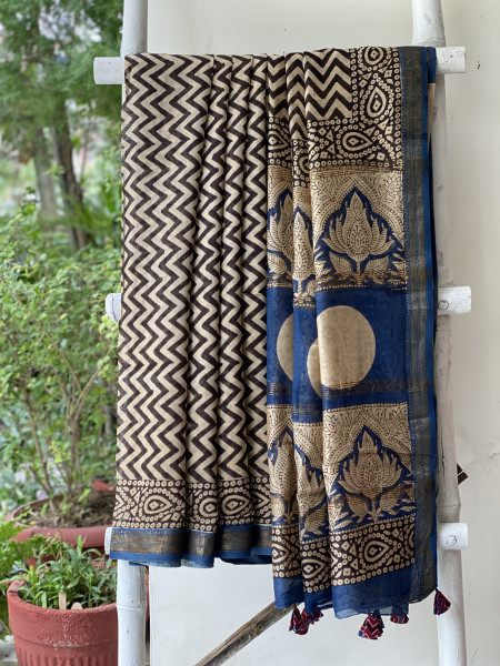 BLACK-OFF WHITE HAND BLOCK PRINT CHANDERI SILK COTTON SARI