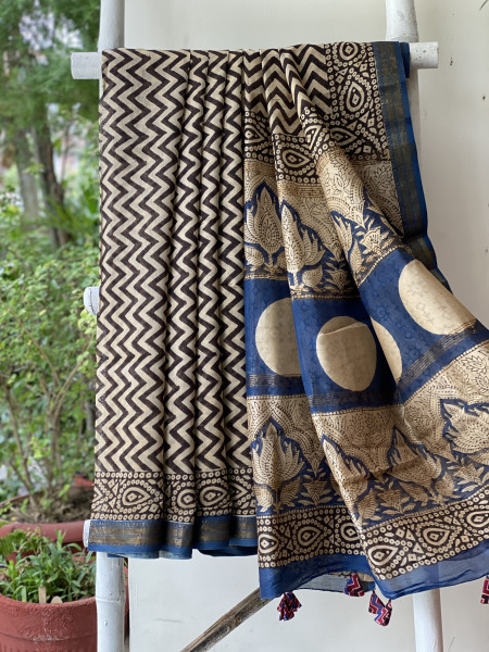 BLACK-OFF WHITE HAND BLOCK PRINT CHANDERI SILK COTTON SARI
