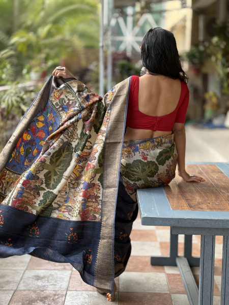 INDIGO PRINTED KANTHA EMBROIDERED TUSSAR SILK SARI