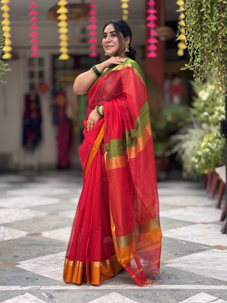RED MAHESHWARI SILK & COTTON SARI