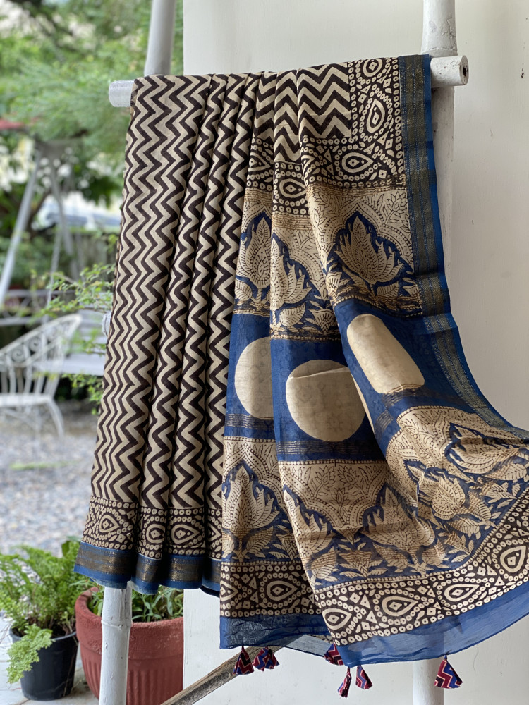 Image of BLACK-OFF WHITE HAND BLOCK PRINT CHANDERI SILK COTTON SARI