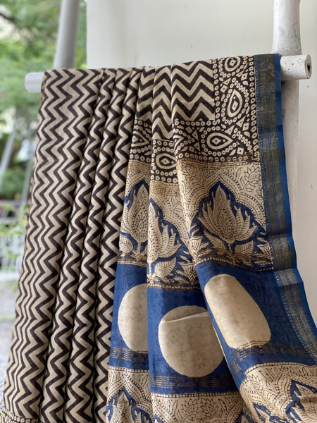 BLACK-OFF WHITE HAND BLOCK PRINT CHANDERI SILK COTTON SARI