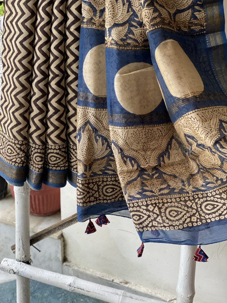 BLACK-OFF WHITE HAND BLOCK PRINT CHANDERI SILK COTTON SARI
