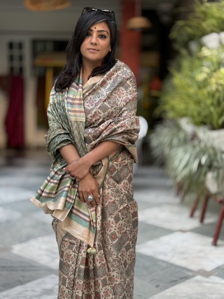 BEIGE-MINT GREEN PRINTED TUSSAR SILK SARI