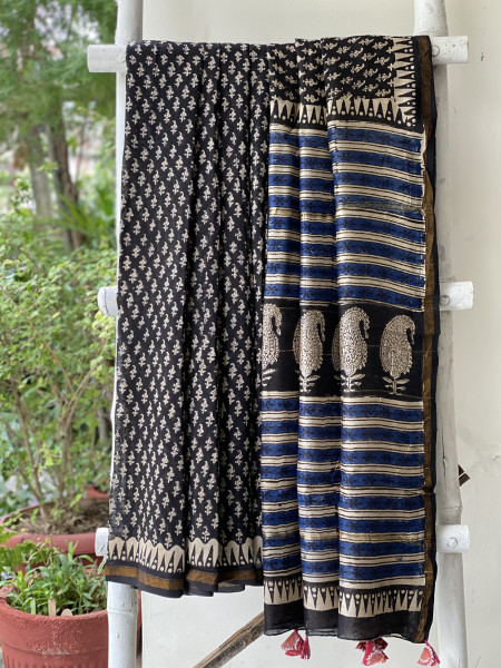 BLACK HAND BLOCK PRINT CHANDERI SILK COTTON SARI