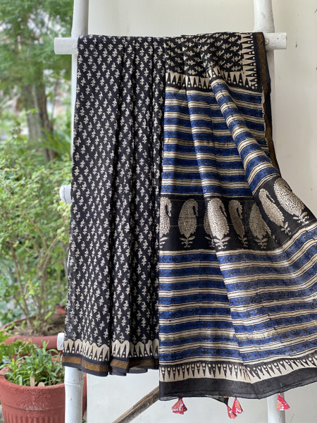 BLACK HAND BLOCK PRINT CHANDERI SILK COTTON SARI