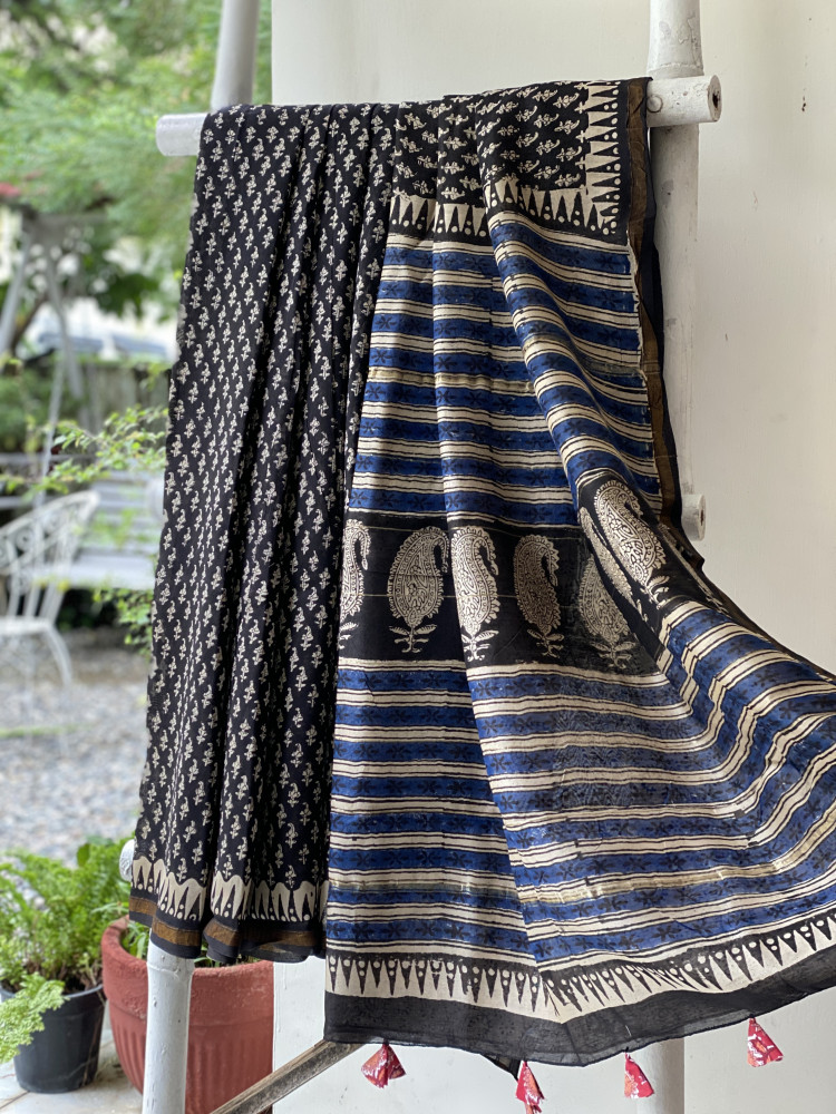 Image of BLACK HAND BLOCK PRINT CHANDERI SILK COTTON SARI