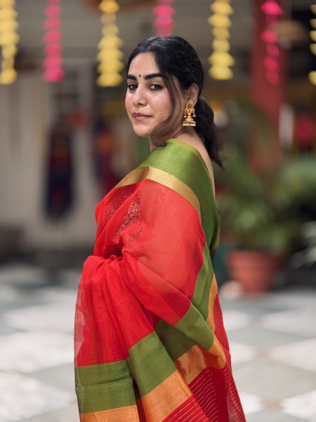 RED MAHESHWARI SILK & COTTON SARI