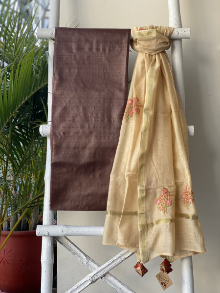 BROWN-BEIGE HAND EMBROIDERED CHANDERI SILK & COTTON dupatta Set