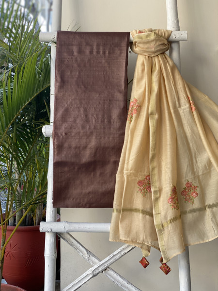 BROWN-BEIGE HAND EMBROIDERED CHANDERI SILK & COTTON dupatta Set