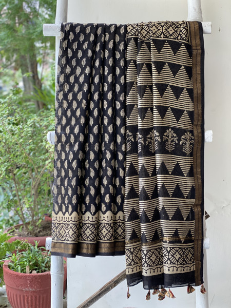 BLACK HAND BLOCK PRINT CHANDERI SILK COTTON SARI