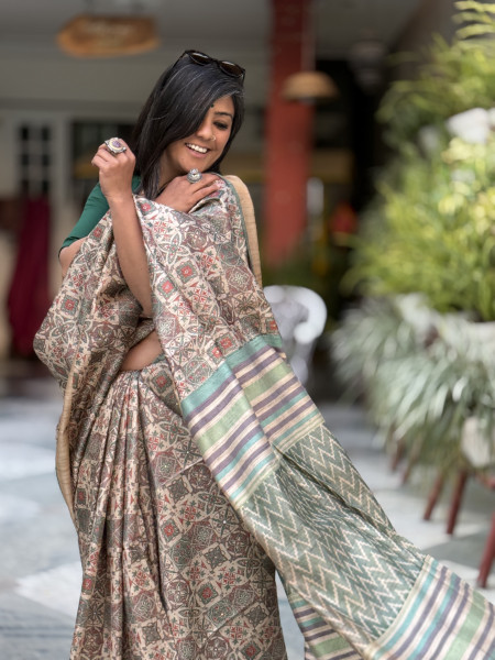 BEIGE-MINT GREEN PRINTED TUSSAR SILK SARI