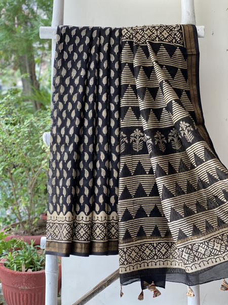 BLACK HAND BLOCK PRINT CHANDERI SILK COTTON SARI