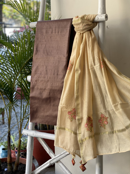 BROWN-BEIGE HAND EMBROIDERED CHANDERI SILK & COTTON dupatta Set