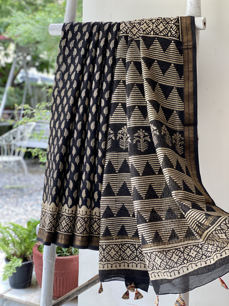 Image of BLACK HAND BLOCK PRINT CHANDERI SILK COTTON SARI