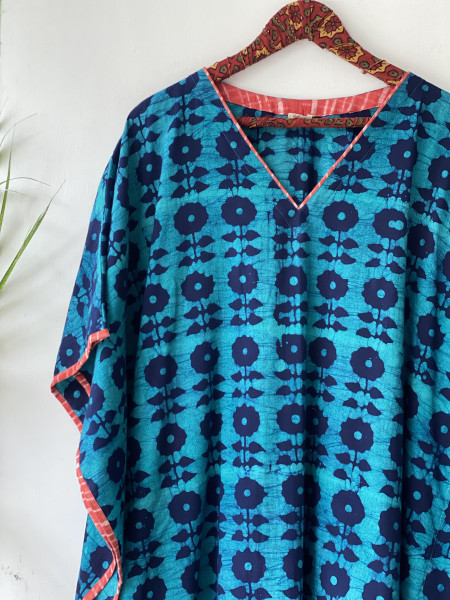 BLUE HAND BLOCK PRINT COTTON KAFTAN