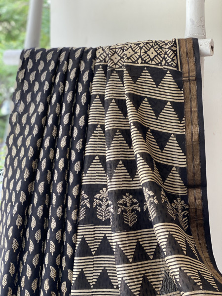 BLACK HAND BLOCK PRINT CHANDERI SILK COTTON SARI