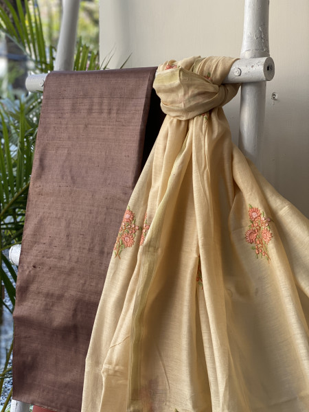 BROWN-BEIGE HAND EMBROIDERED CHANDERI SILK & COTTON dupatta Set