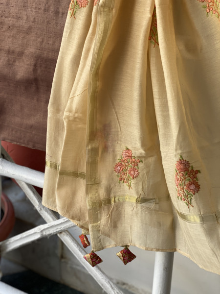 BROWN-BEIGE HAND EMBROIDERED CHANDERI SILK & COTTON dupatta Set