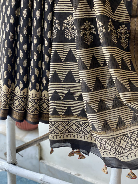 BLACK HAND BLOCK PRINT CHANDERI SILK COTTON SARI