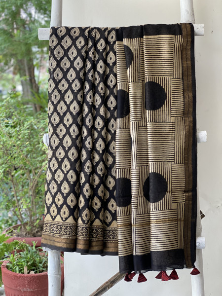 BLACK HAND BLOCK PRINT CHANDERI SILK COTTON SARI