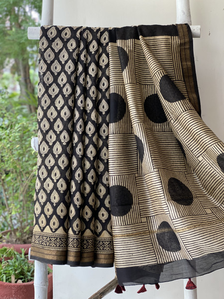 BLACK HAND BLOCK PRINT CHANDERI SILK COTTON SARI