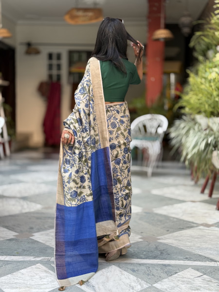 BEIGE-BLUE PRINTED TUSSAR SILK SARI