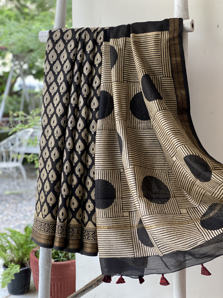 Image of BLACK HAND BLOCK PRINT CHANDERI SILK COTTON SARI
